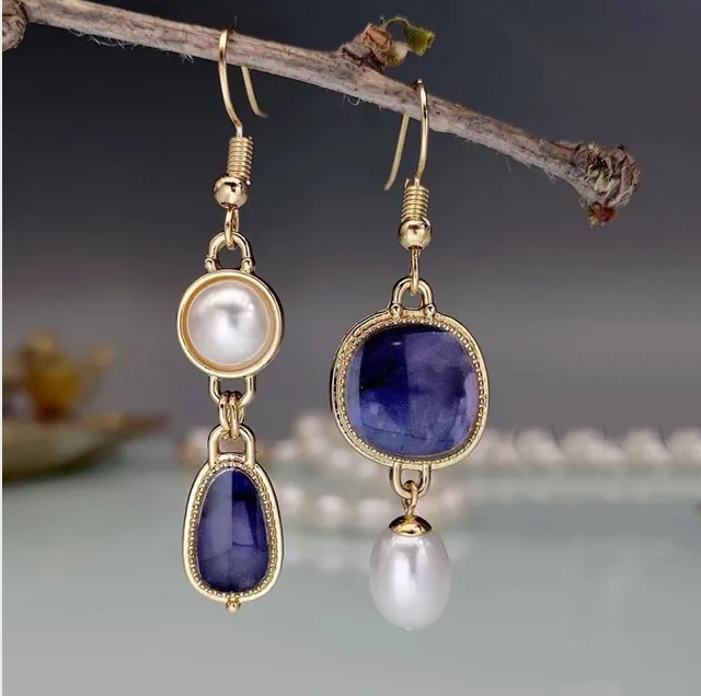 Earrings with Pearl and Vintage Blue Stone